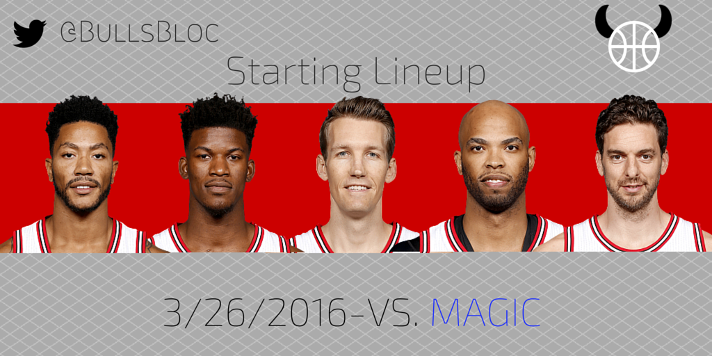 BullsBloc's tweet photo. The #Bulls starters vs a depleted Magic squad in Orlando. https://t.co/vAPFB087rP