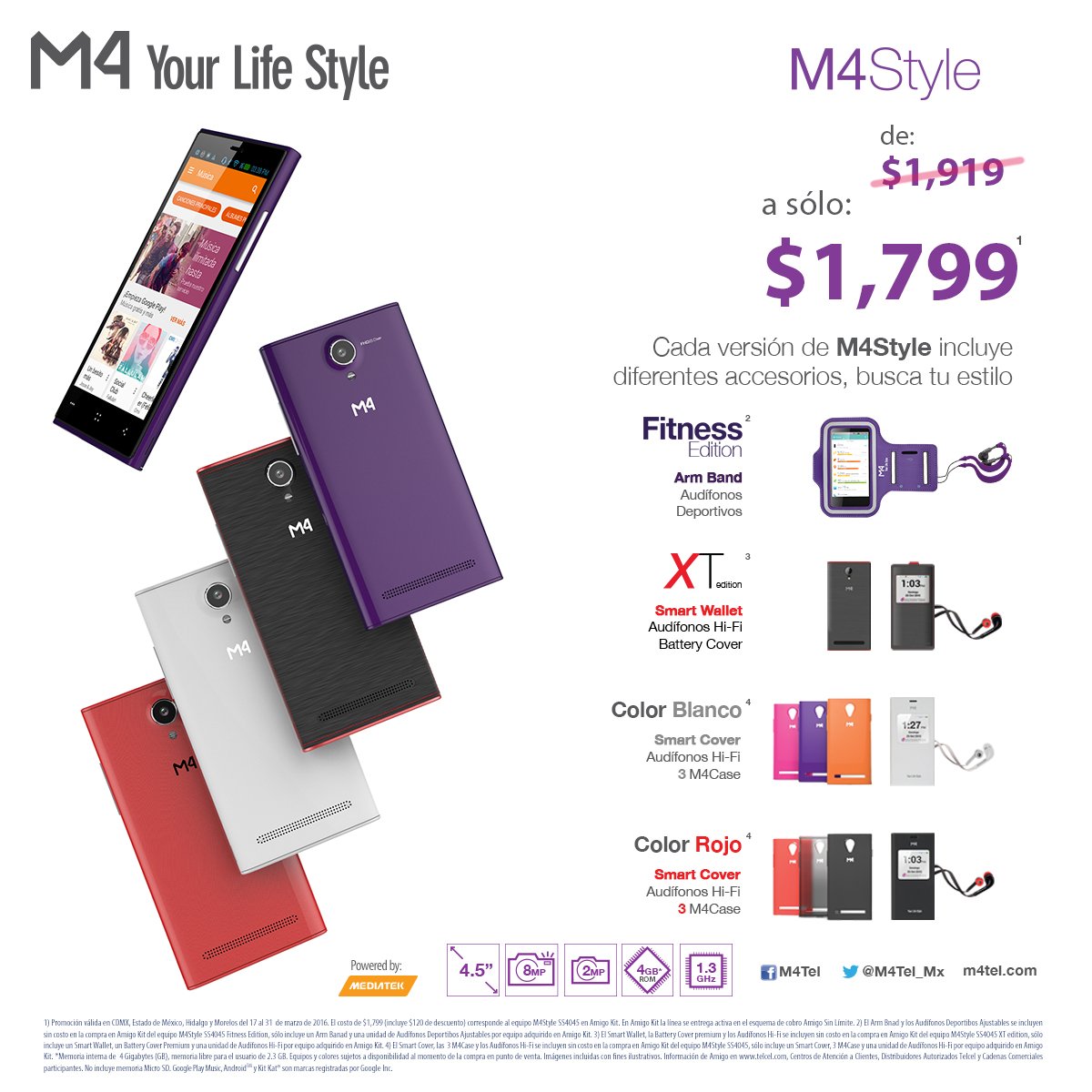 M4Connectivity's tweet photo. Una oferta sin igual que M4 trae para ti. #M4Style a un precio increíble. Producto sujeto a existencias @Telcel https://t.co/SrYjNU2Ea0