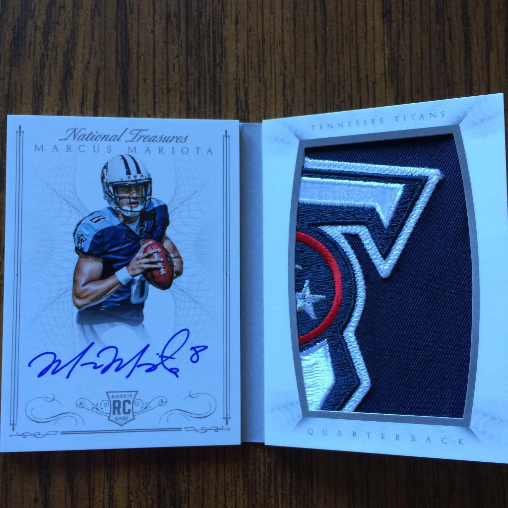 RbiCru7's tweet image. The other awesome card from the @paniniamerica #nationaltreasures box #marcusmariota #logopatch #autograph @Titans