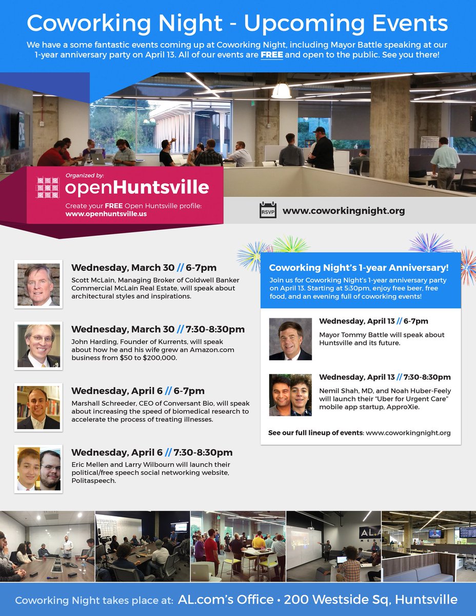 BarcampHSV's tweet image. #CoworkingNight has exciting things scheduled. Check out the schedule and join @openHSV for the 1 year anniversary.