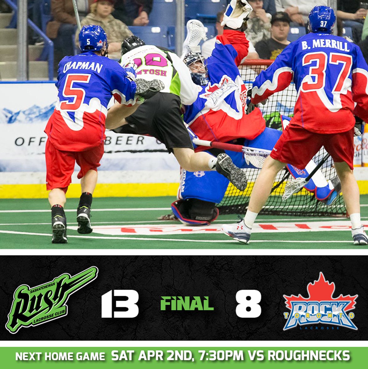 FINAL: #SaskRush(13) - #TorontoRock(8) #FeelTheRUSH Oooh baby, we've clinched playoffs! 5 STRAIGHT WINS #LETSGOOO🔋🔋🔋