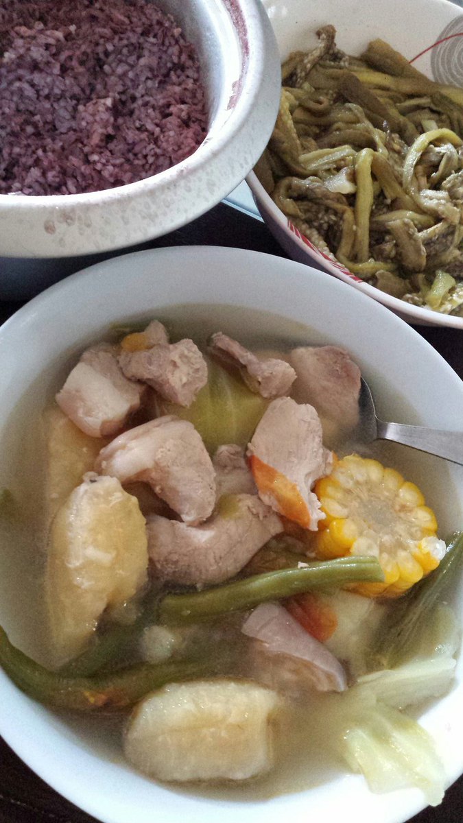 LocaLovePH's tweet photo. Happy Easter! For lunch, we had Nanay's pork pochero with eggplant sauce and black rice. What is your comfort food? https://t.co/pu0eNc2R1s