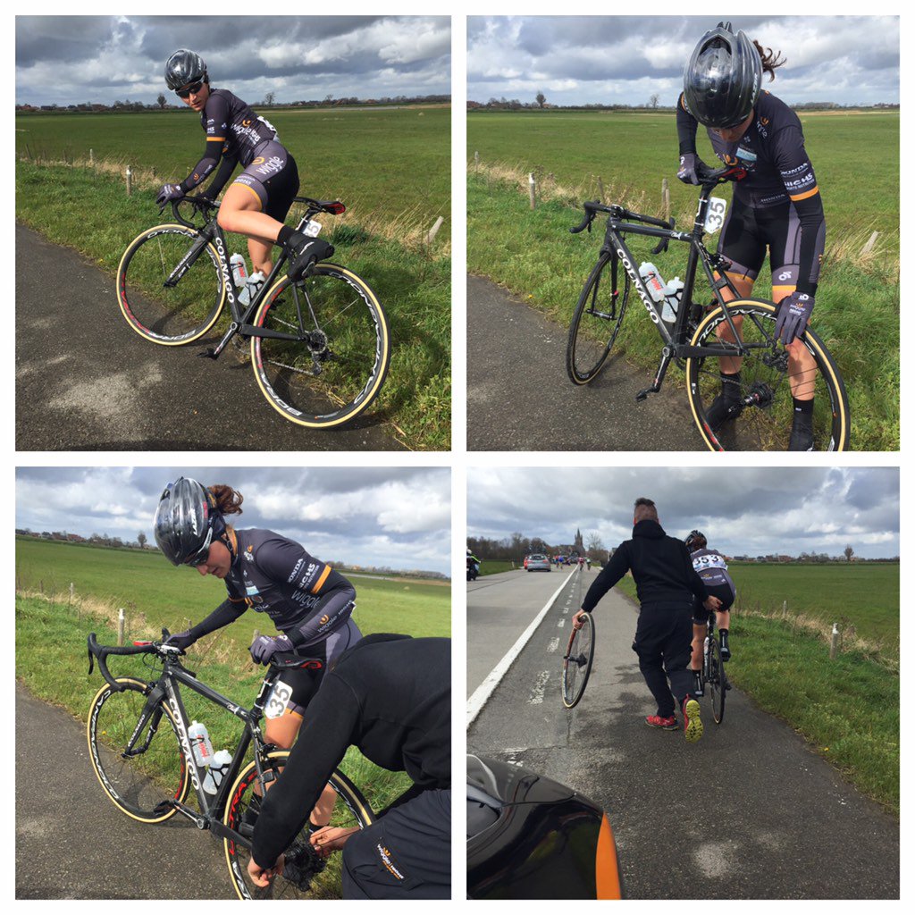 WiggleHigh5's tweet photo. Super fast &amp; relaxed wheel change for @RondeVlaanderen winner @ElisaLongoB 17km into @GentWevelgem - all ok! https://t.co/KN5rqNny6s