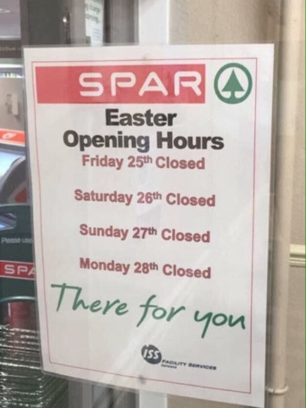 AndrewBloch's tweet photo. Spar. There for you.

#HappyEaster https://t.co/zwPmigrRlZ