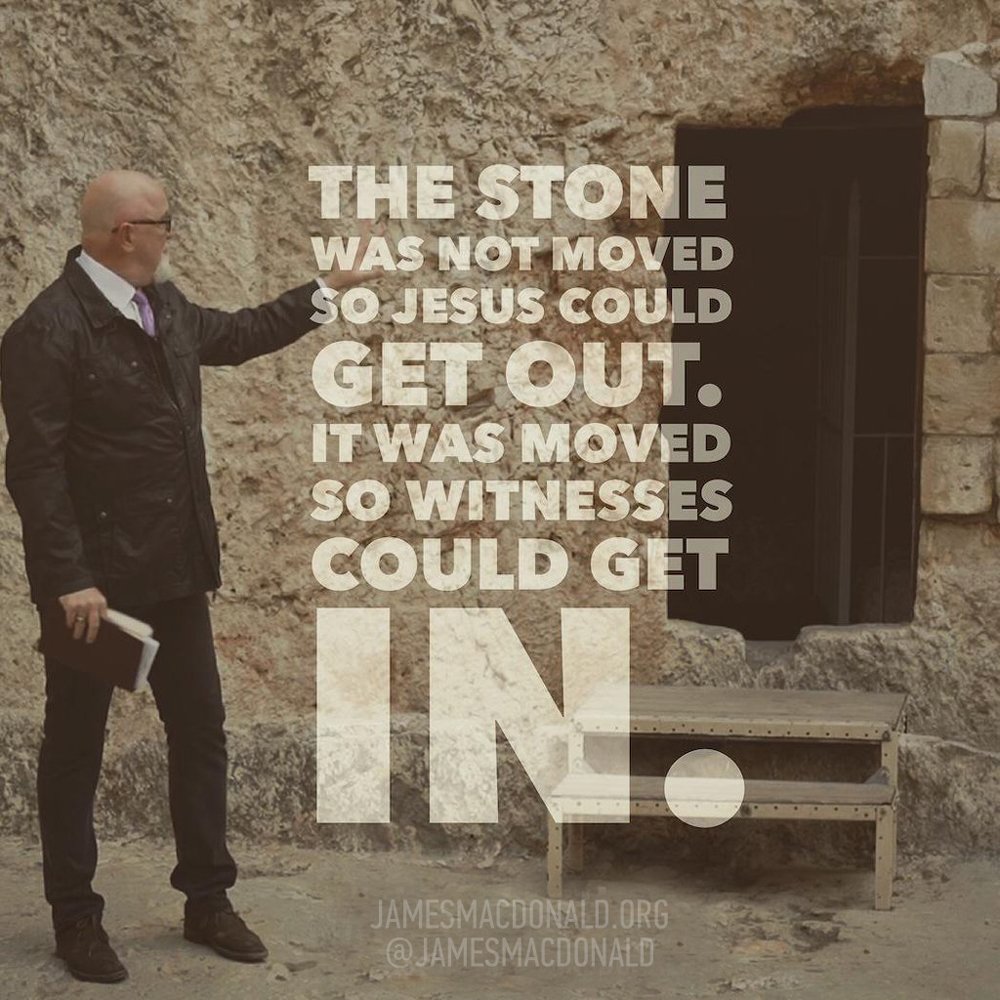 jamesmacdonald's tweet photo. The stone was not moved so Jesus could get out, but so witnesses could get in. "He has risen..." Mk16:6 #HappyEaster https://t.co/TnaSSUross