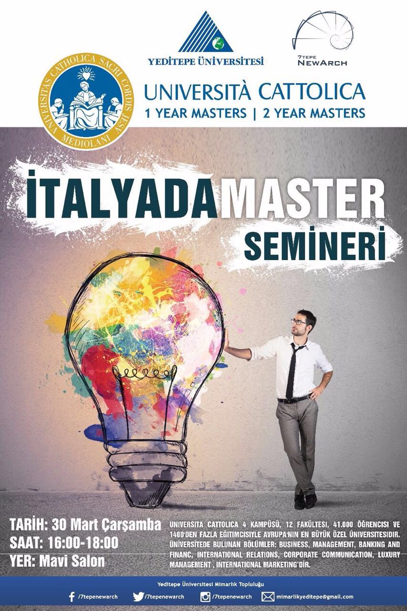 <a href="/7tepeNewArch/">Yeditepe Mimarlık ve İnşaat Mühendisliği Topluluğu</a> ve @YUMAC7 'in ortaklaşa düzenlediği, İtalya'da Master Semineri 30 Mart'ta Mavi Salon'da!