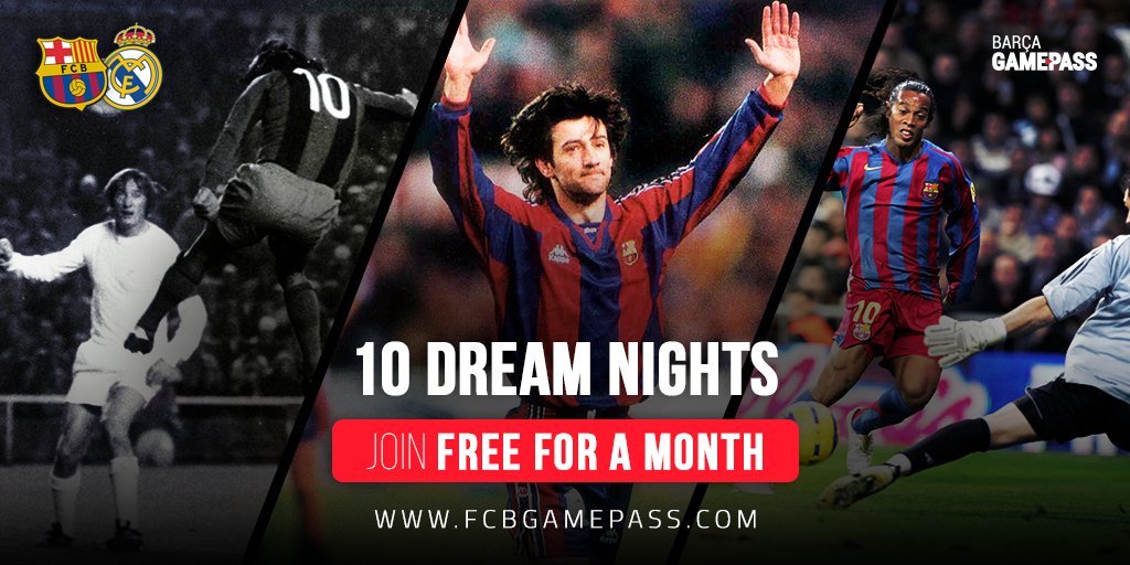 FCBarcelona's tweet photo. 🌌🔴🔵 10 dream nights against Real Madrid. Watch all of them FOR FREE at Barça GamePass! https://t.co/C8dBMmp8J5 https://t.co/wkgEvXFwN1
