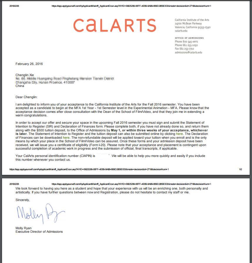 Chenglin_Xie's tweet photo. Really hard choice between CalArts and USC ~ https://t.co/PMn7hPDljV