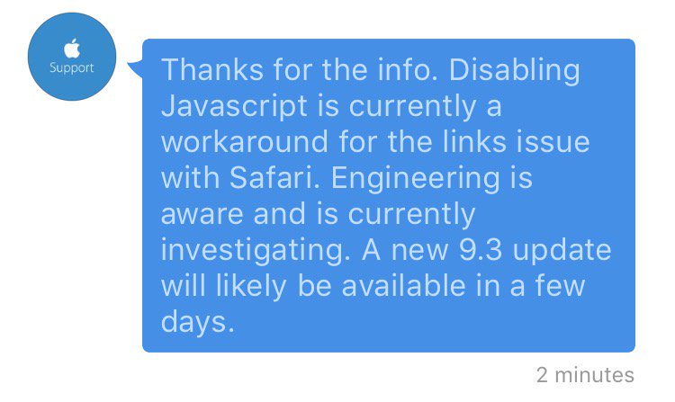 manuch's tweet photo. Here’s Apple’s feedback to my #ios93 issue about links not opening https://t.co/qJPhJDRHUY