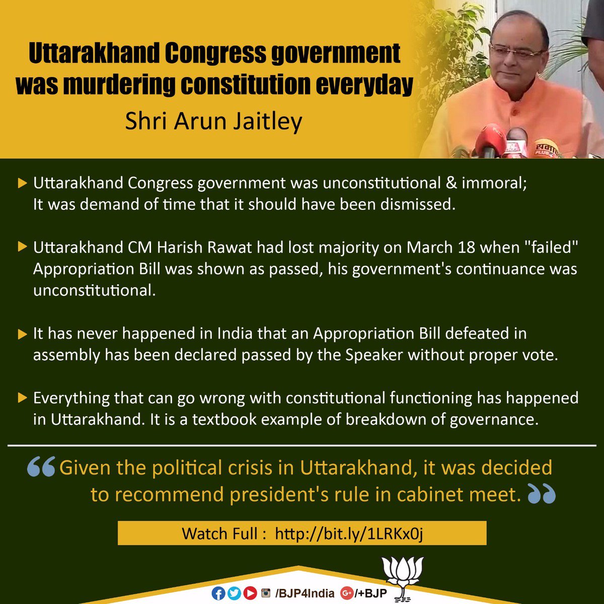 BJP4India's tweet image. Harish Rawat govt was murdering provisions of the constitution everyday: Shri @arunjaitley bit.ly/1LRKx0j