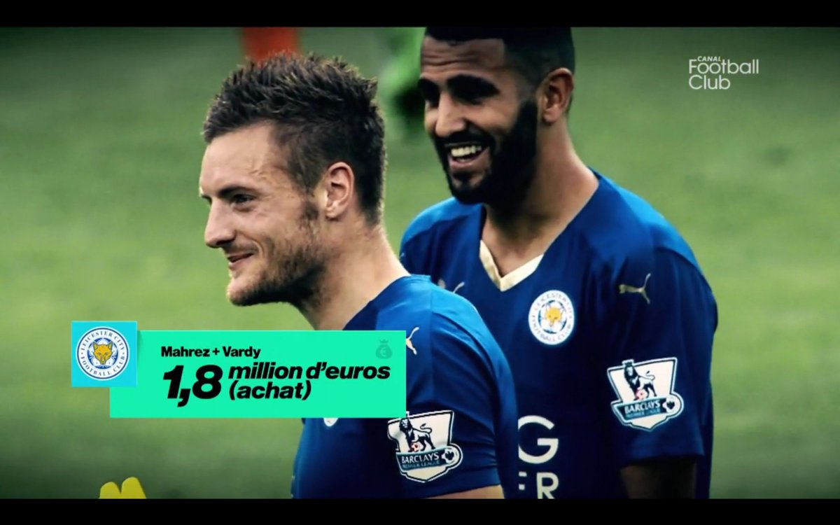 CanalplusFoot's tweet photo. Jamie Vardy / Riyad Mahrez : un duo qui aura coûté... 1,8 M d'euros ! #CFC https://t.co/ahSVuwglIA