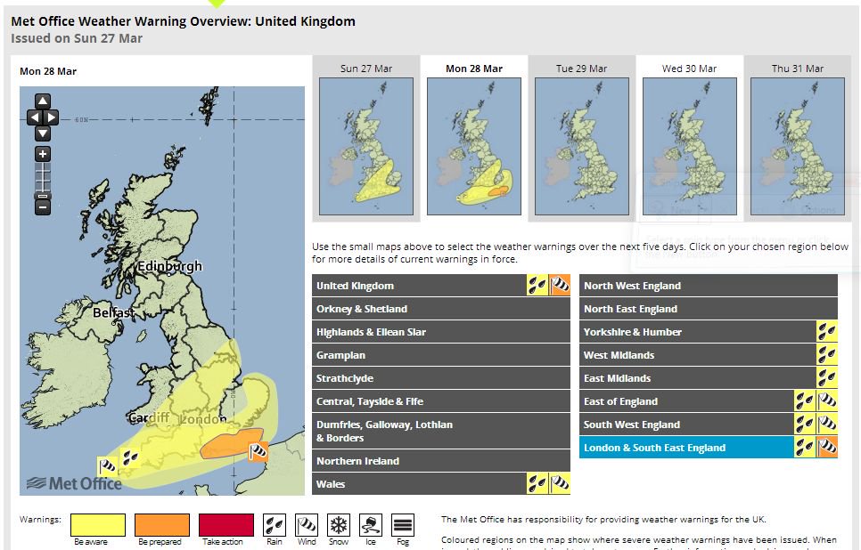 Strong wind warning upgraded to amber in SE England for first half of Monday. bit.ly/Weatherwarnings #StormKatie