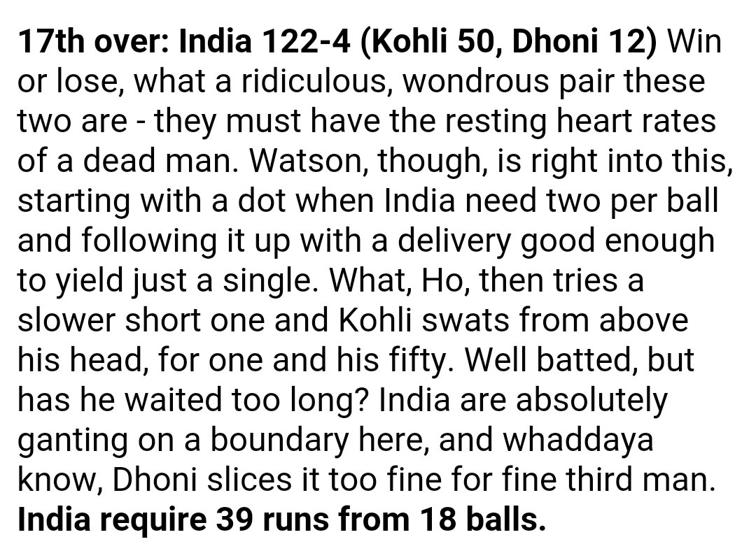 forwardshortleg's tweet image. Commentary of the last 4 overs on The Guardian. Brilliant. #IndvsAus #WT20