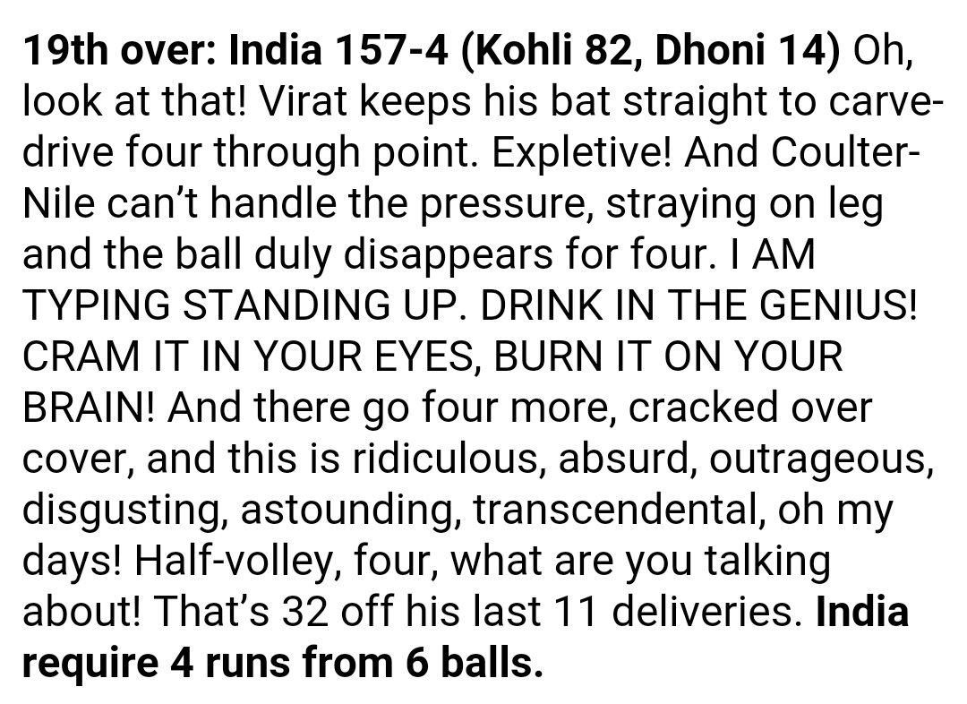 forwardshortleg's tweet image. Commentary of the last 4 overs on The Guardian. Brilliant. #IndvsAus #WT20