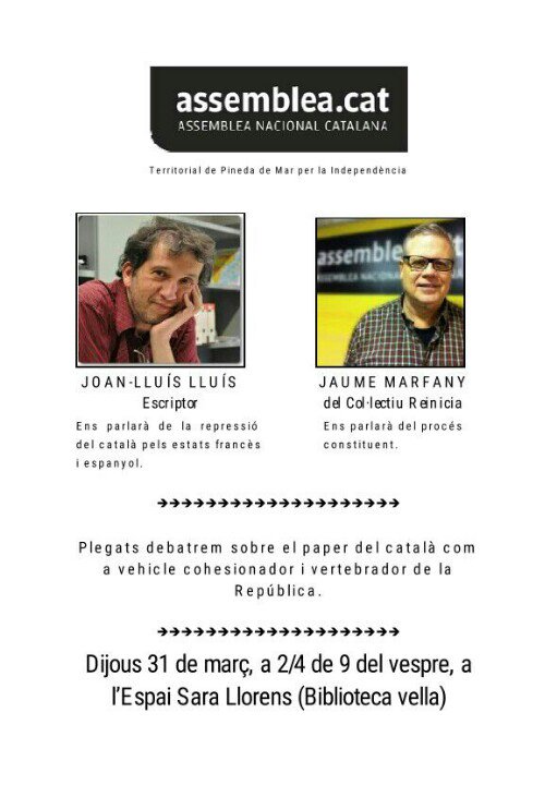 caigueral's tweet photo. Des de l'@ANCPineda us convidem aquest dijous 31,a la xerrada que faran @Joanlluislluis i @JaumeMarfany a #Pineda https://t.co/IbW78wKk6A