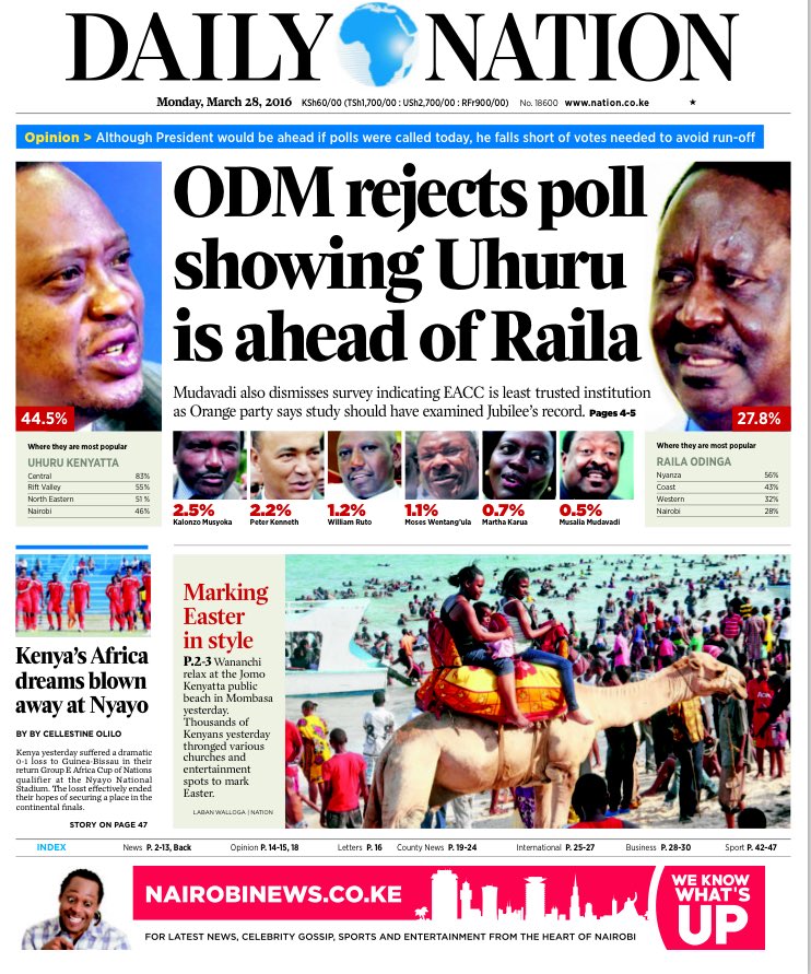 FQanini's tweet image. In tomorrow&apos;s @dailynation &quot;ODM rejects poll showing Uhuru is ahead of Raila.&quot; Surprisingly the poll wasn&apos;t by IEBC.