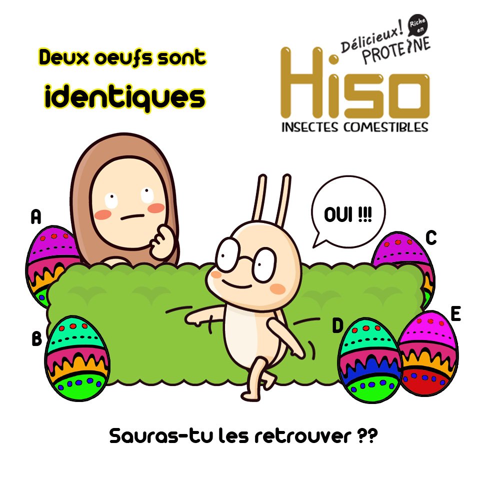 HisoFrance's tweet photo. Deux œufs sont identiques !!! Sauras- tu les retrouver ?? #InsectesComestibles #EdibleInsects #Paques https://t.co/8dItv36gmB