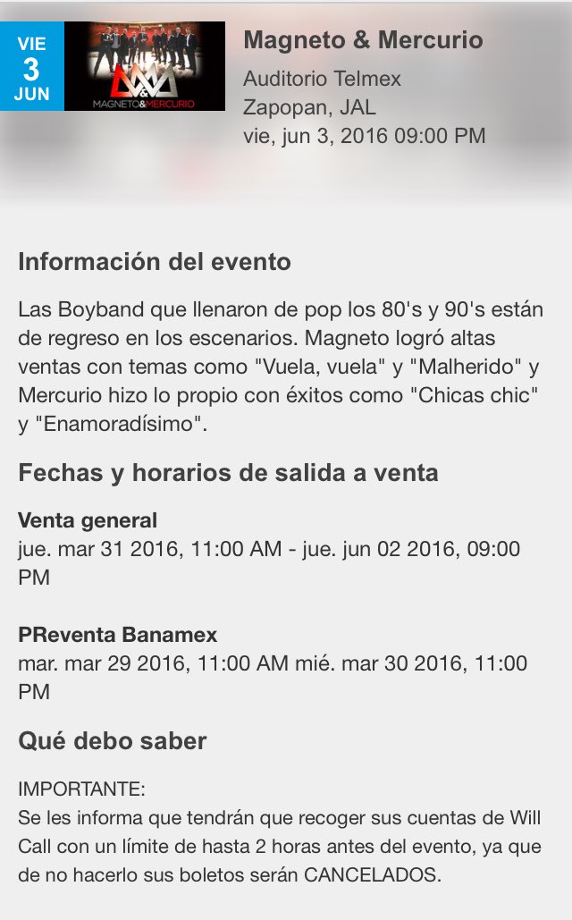 FansMercurio's tweet photo. De acuerdo a @Ticketmaster_Me la preventa de @MagnetoMercurio para Gdl comienza el martes 29 a las 11:00am #pilas https://t.co/fLID0H62C9
