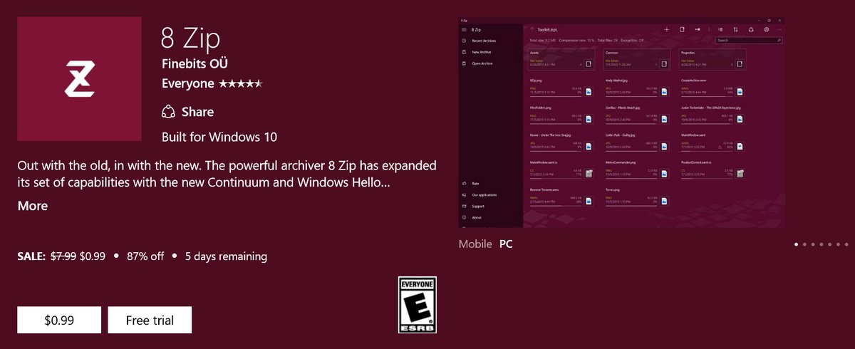 uwp365's tweet photo. 8 Zip is now a UWP app across Windows10 devices #Windows10 #App #8zip (Support free trial) https://t.co/9saWBnnuQy https://t.co/uv5B9oZXPg
