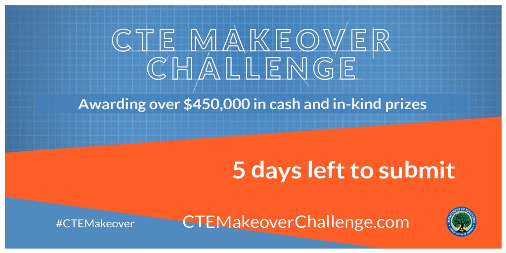 usedgov's tweet photo. HS students! Only 5 days left to enter the #CTEMakeover Challenge! How to submit: https://t.co/o7fmx5tgYV https://t.co/Q8p4J7hhl2
