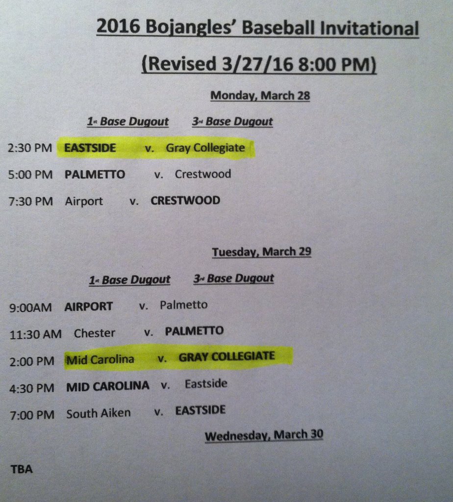 ATTENTION:

Due to inclement weather, the schedule for the Bojangles Invitational has been revised.