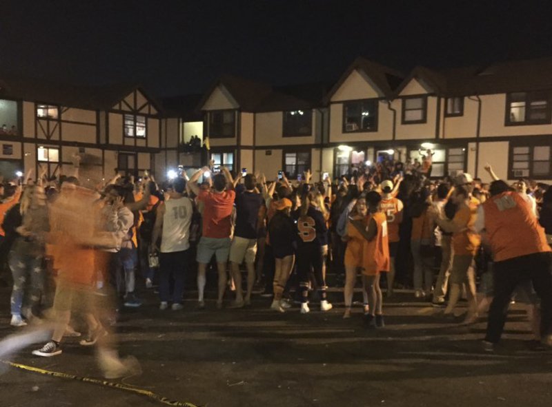 dailyorange's tweet photo. See how the SU campus reacted to the Orange’s upset of Virginia and Final Four berth: https://t.co/3MRSf1I8TU https://t.co/gjWrQ65TjL