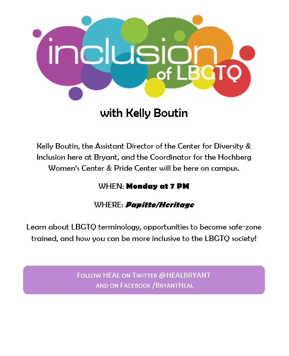 Want to know more about LGBTQ? Kelly Boutin will kick off #SexWeek with a talk about inclusion of LGBTQ! #BryantHEAL