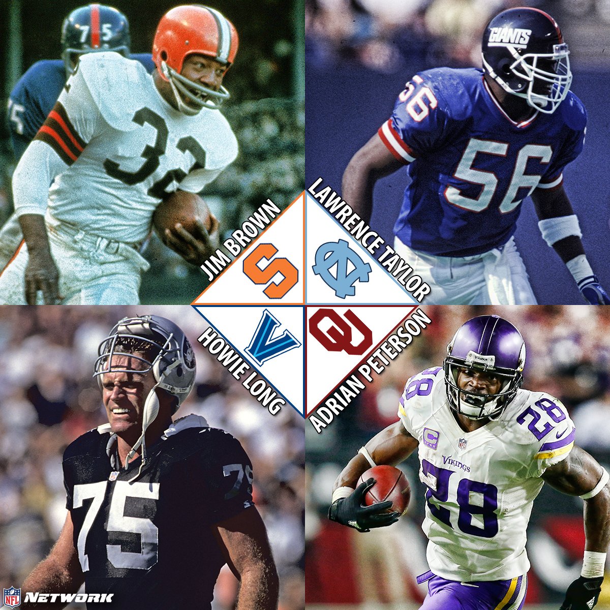 nflnetwork's tweet image. The #FinalFour

@JimBrownNFL32 vs. @LT_56
Howie Long vs. @AdrianPeterson
