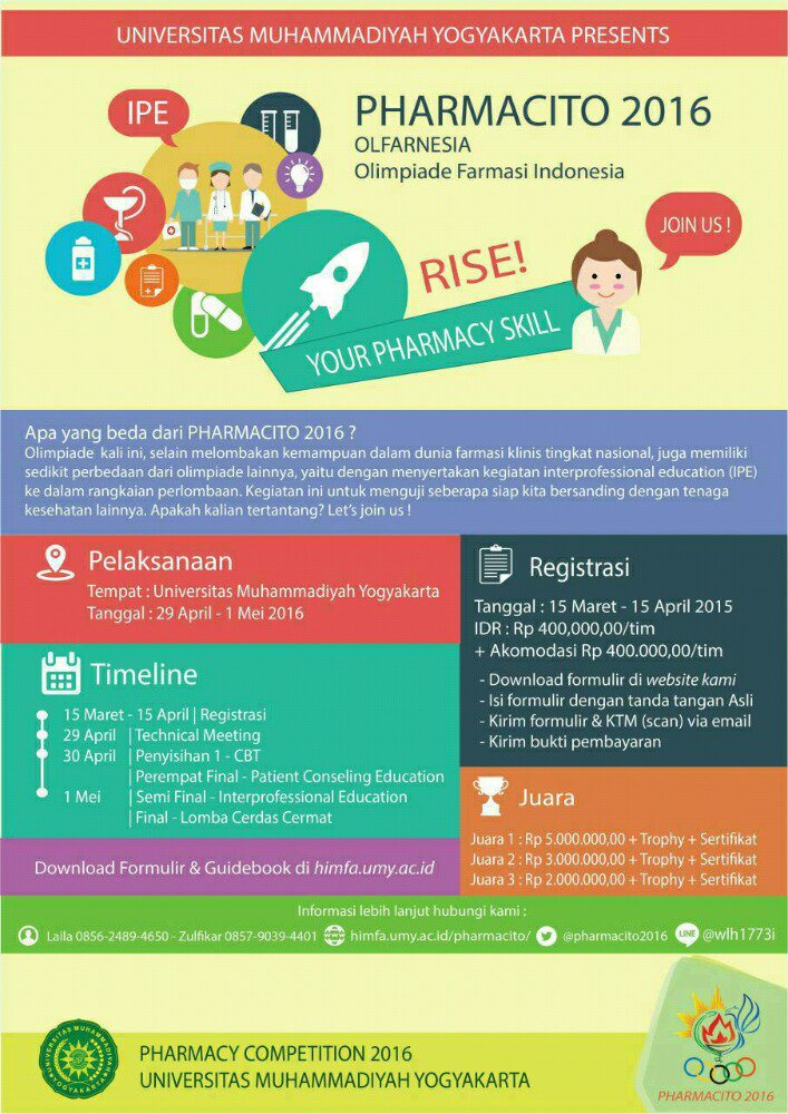 pharmacito_umy's tweet photo. @HIMFAUMY Farmasi UMY proudly present PHARMACITO 2016. Ayo daftarkan tim kamu sekarang juga!😊😊😊 https://t.co/qtqirH1ML0