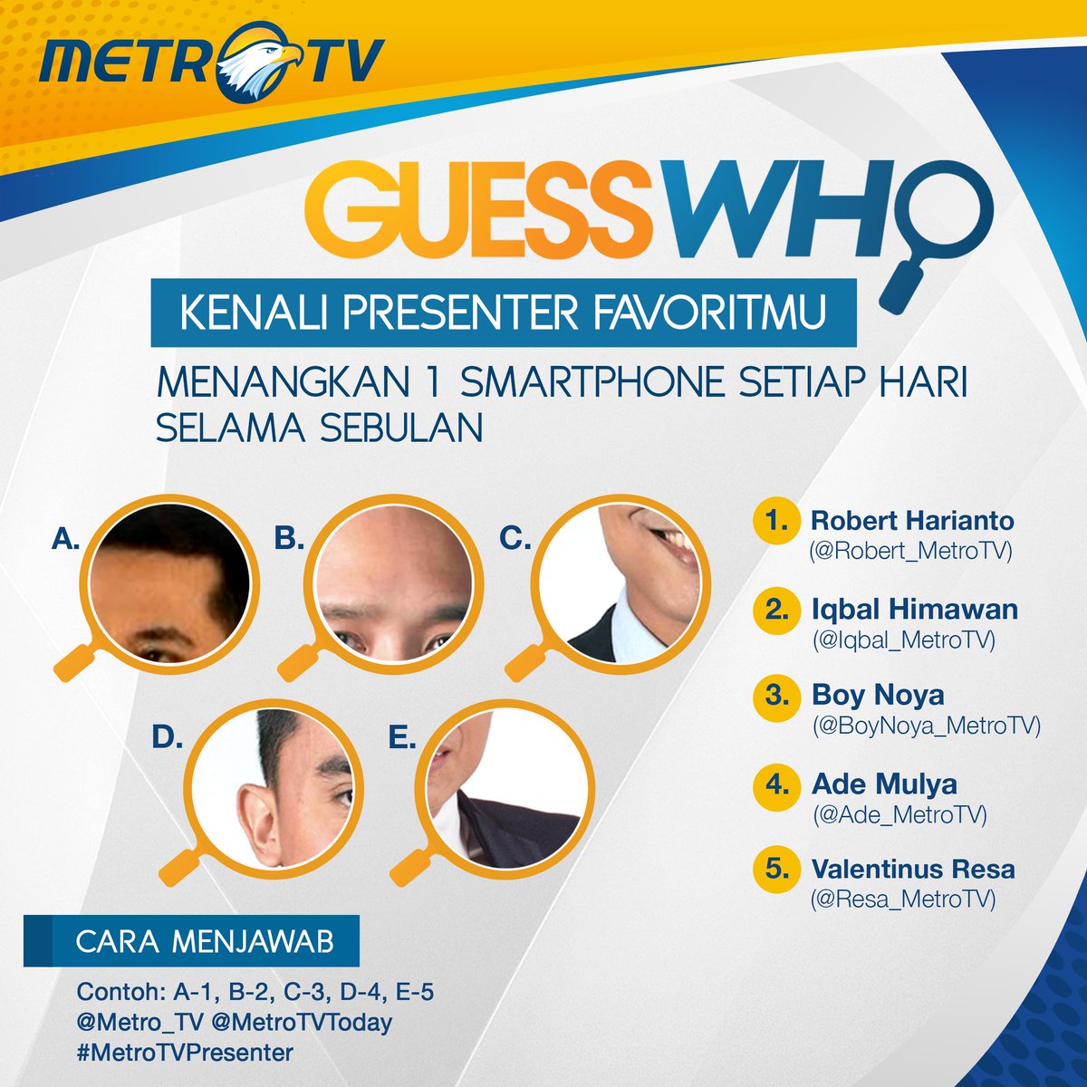 MetroTVToday's tweet photo. Ini soal kuis #MetroTVPresenter edisi 28 Maret 2016. Jawabanmu ditunggu hingga pukul 21.00 WIB. Semoga beruntung! https://t.co/TDtmJZHTCj