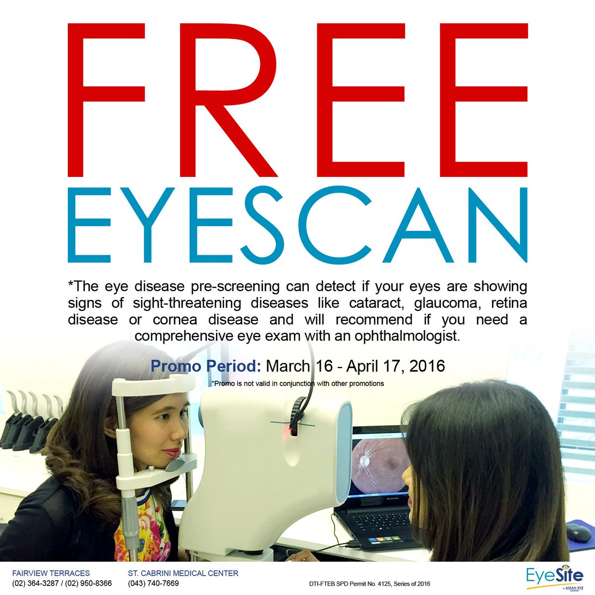 EyeSitePH's tweet image. Alamin kung may senyales ka na ng problema sa mata. Subukan ang libreng #EyeScan sa aming #EyeSite branches.