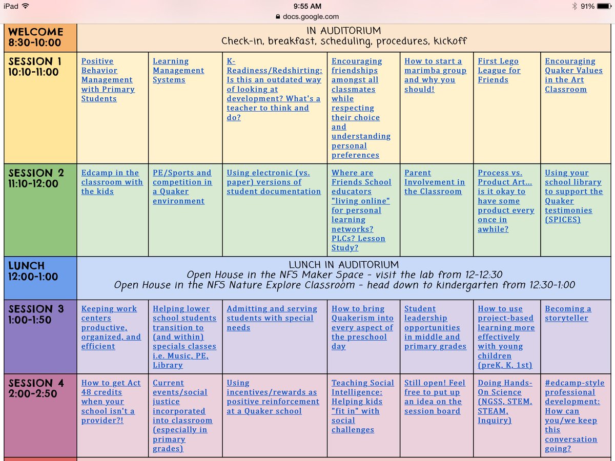 TrJillBean's tweet photo. The schedule board is filled up with exciting sessions!  #edcampfriends @LFS1902 @edcampfriends https://t.co/Kv9rjby4VA