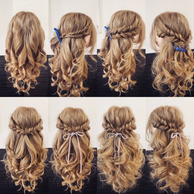 かわいいヘアスタイル در توییتر 簡単ゴージャスハーフアップ 全体を巻きます サイドはくるりんぱ3回 崩したら 逆サイドも同じように 真ん中で止めて リボンを付けて 崩したら完成 T Co Qaoe3huiwn