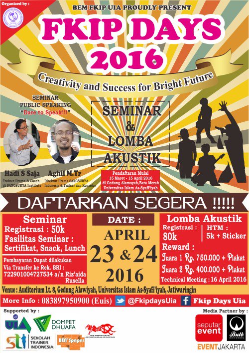EventJakartaCom's tweet photo. Seminar Public Speaking &amp; Lomba Akustik | 23-24 April'16 At Aud. Lt.8, Gd. Alawiyah, UIA | Cp: 083897950900 https://t.co/oZCOZ8e2S1