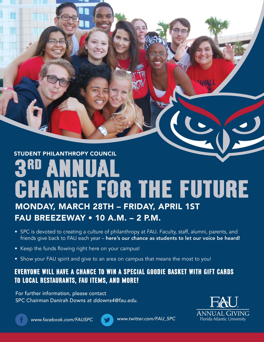 Join us for our 3rd annual Change for the Future on the Breezeway today and all of this week #FAUGiving
