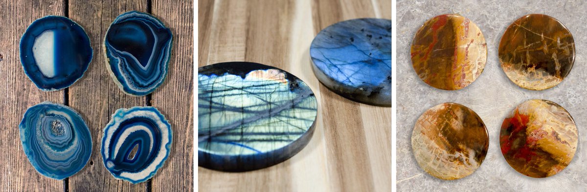 Add a touch of natural luxury to your table #coasters #agate #labradorite #petrifiedwood bit.ly/CHcoasters