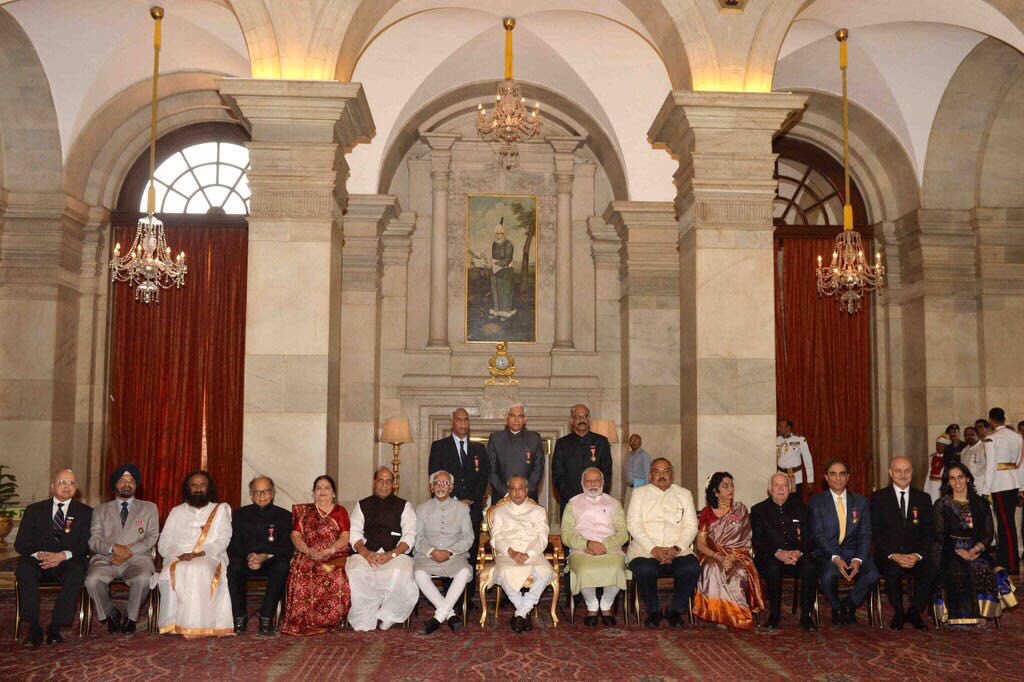 .<a href="/RashtrapatiBhvn/">President of India</a> <a href="/narendramodi/">Narendra Modi</a> <a href="/BJPRajnathSingh/">rajnath singh fans</a> <a href="/AnupamPkher/">Anupam Kher</a> <a href="/NSaina/">Saina Nehwal</a> and Gurudev <a href="/SriSri/">Gurudev</a> ! #PadmaVibhushanSriSri