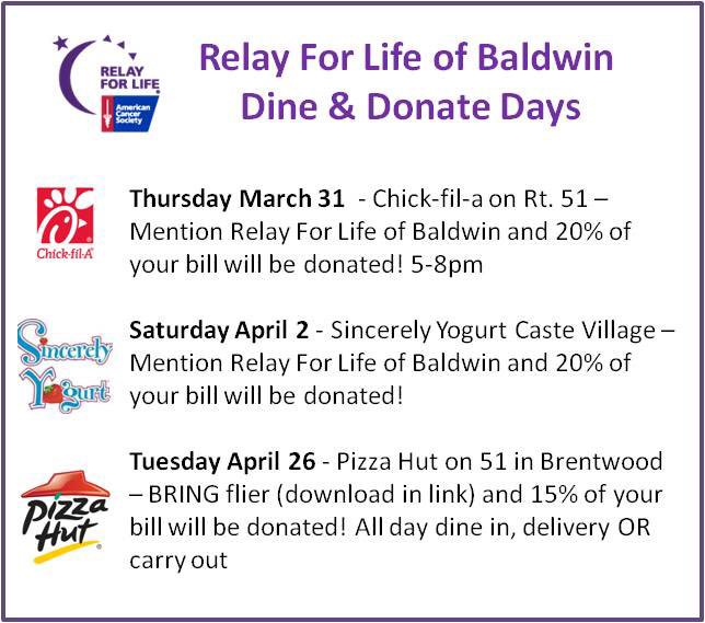 Relay4Life_BHS's tweet photo. Two dine &amp; donate days this week! Be sure to mark your calendars and share! #PGH #relayforlife #relay #cancer https://t.co/HfMiMoopQ8