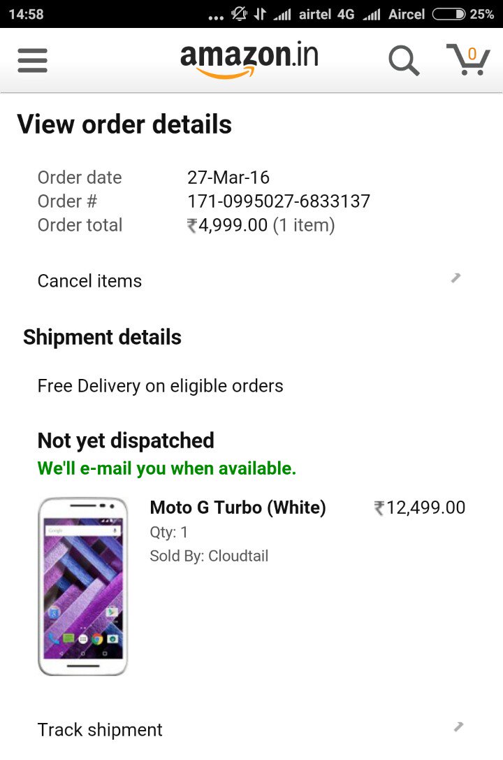 rcTangleD's tweet image. #ShameOnAmazon #FakeAmazon @amazon @amazonIN reconsider your decision to cancel MotoG Turbo order w/o any reason.