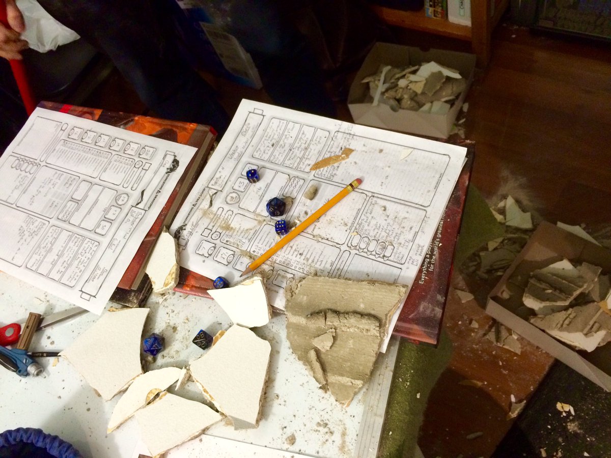 TheNaturalPop's tweet photo. Ever play a D&amp;D game so intense, the roof collapsed? Just another day at @JadeGamingNews #DnD #Rpg #holyshit https://t.co/Ob78PIdRZw