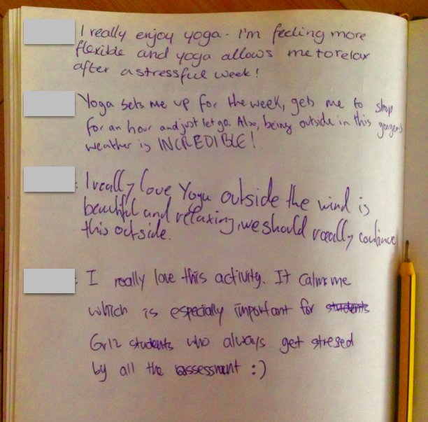 neilasteele's tweet photo. What our #DPstudents feel &amp; think après 60 mins of #yoga @responsivePE @Edu_Wellbeing @andyvasily @MrHairPhysEd https://t.co/sFZ0OfAXJJ