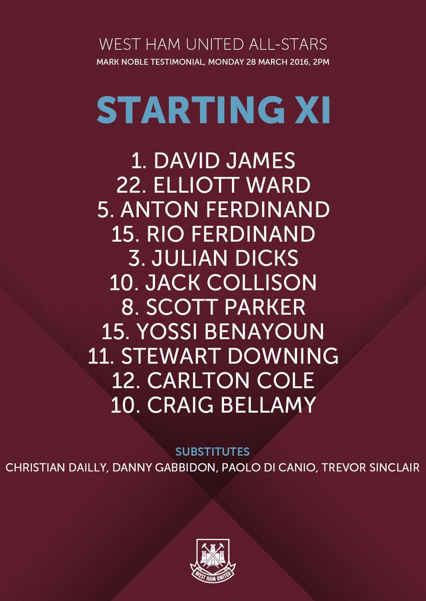 Here are your starting XIs for this afternoon's <a href="/Noble16Mark/">MARK NOBLE</a> Testimonial! #WHUFC #COYI #MN16
