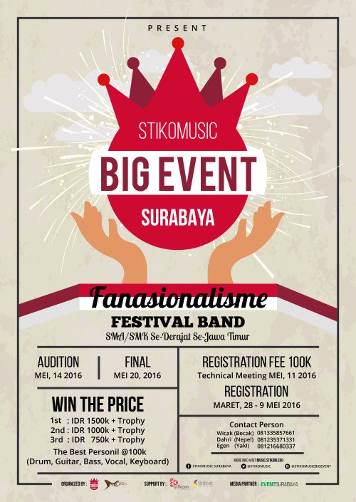 Festival band antar SMA/SMK Sederajat Se-Jatim. Segera daftarkan band kalian, kuota terbatas ! Info: 081335857661