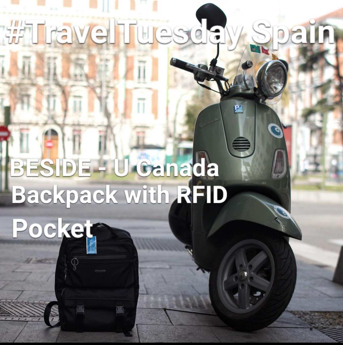 #TravelTuesday #Spain @BesideU_Canada backpack with #RFID guarded pocket. #travel #styleandfunction