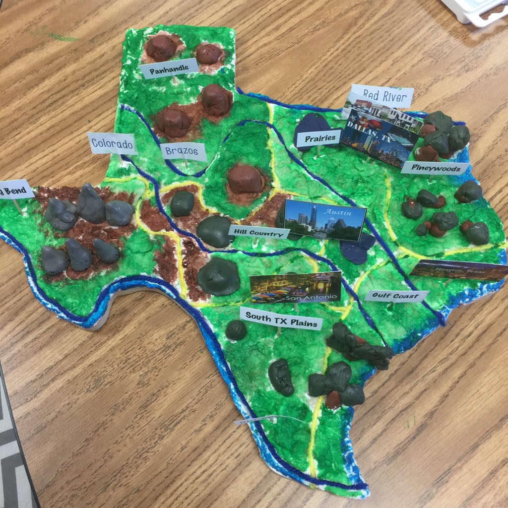 Jhughey7's tweet photo. Finished 3-D Map of Texas! #wilmeth #Wilmeth1stGrade #7regions #landforms https://t.co/4nfdl4mHYA
