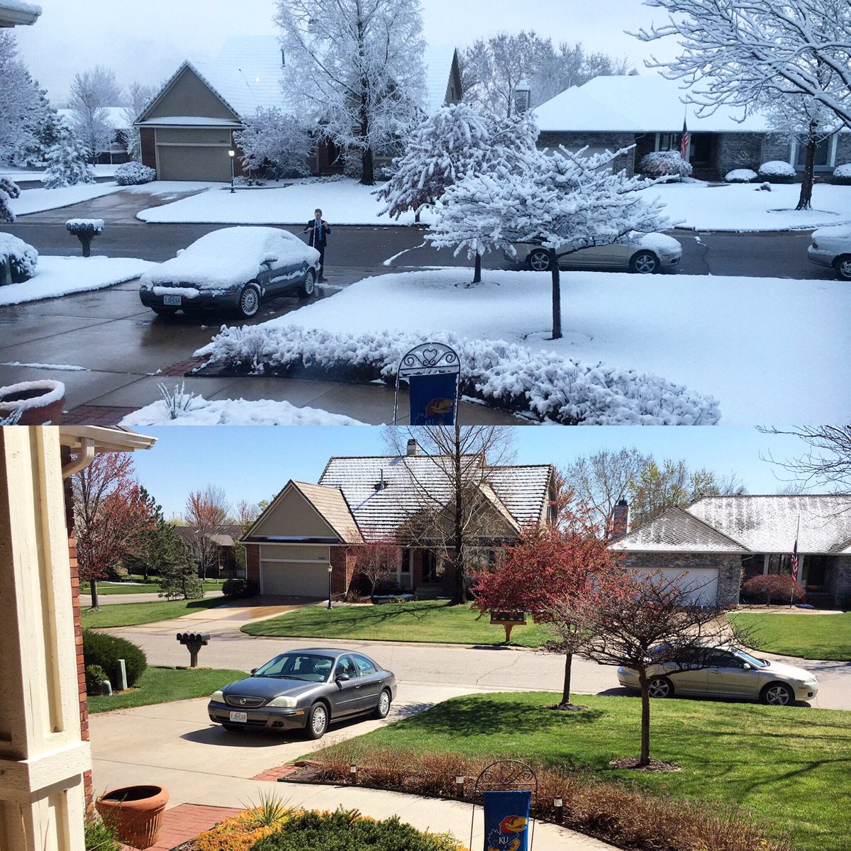 mlarsonretwxman's tweet image. Before and after Easter Sunday snow Wichita's west side. Thanks @larsonwayne GF for pic. #melting