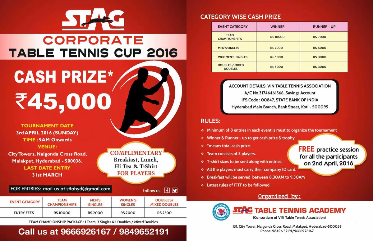 TableAc's tweet photo. Hurry!! Last date of entry for Stag corporate TT Cup is closing on 31 March. send your entries to sttahyd@gmail.com https://t.co/1kM4DFFdzG