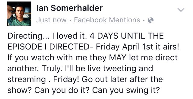 4everSired's tweet photo. @iansomerhalder Facebook post https://t.co/HvCkk82xqr #DirectorIan #TVD https://t.co/1ZgBQPrT5B