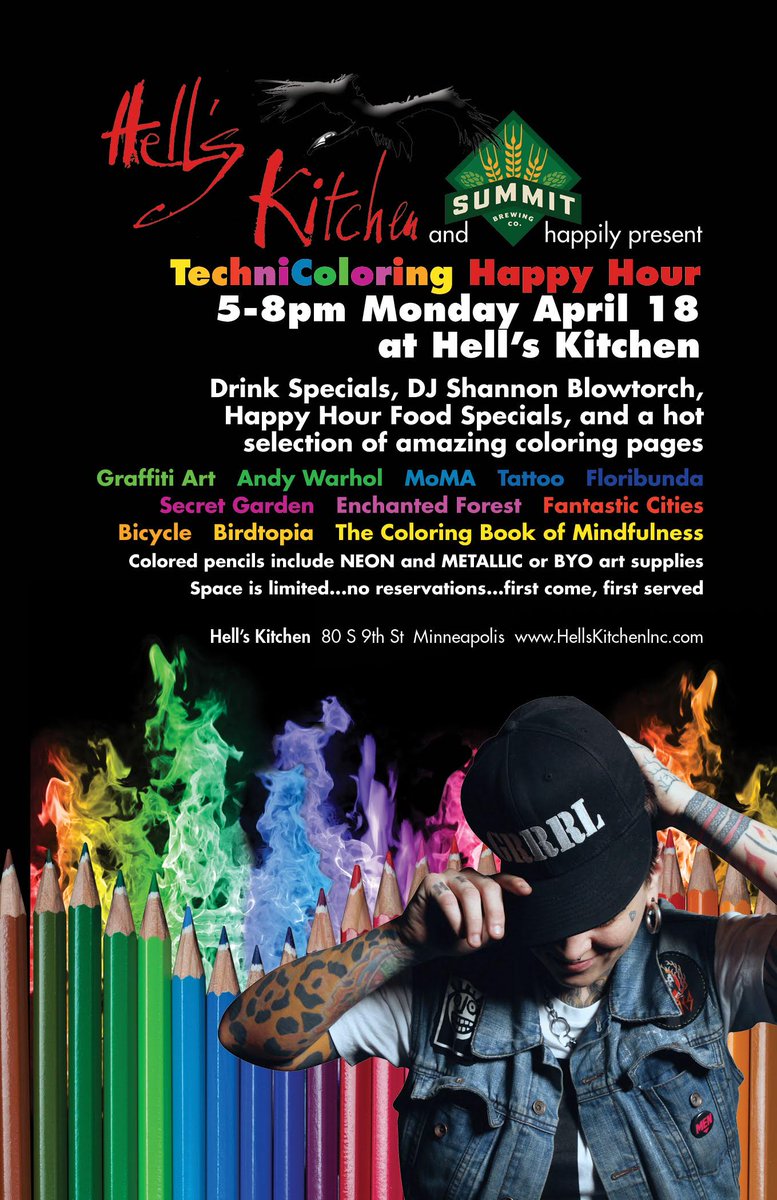 summitbeer's tweet photo. Save the Date #TechniColoring Happy Hour @HellsKitchenMN w/ Summit specials, music @msblowtorch 4/18 #CraftAndColor https://t.co/N52L5HpoaW