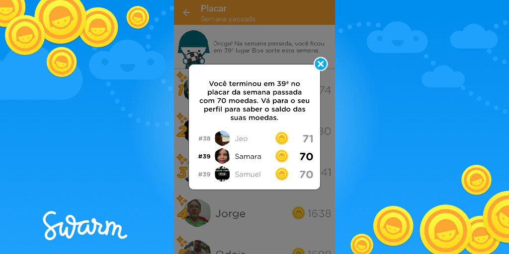 samirezende's tweet image. Eu fiquei em 39ª lugar com 70 moedas no placar do Swarm! @swarmapp